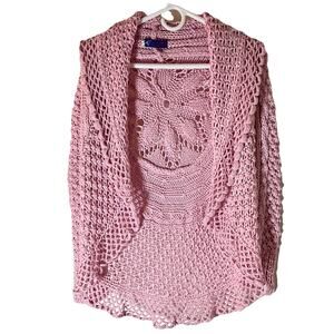 Hand Made Crochet Cardigan Sweater Womens Large Pink Open Cottage Boho Foral